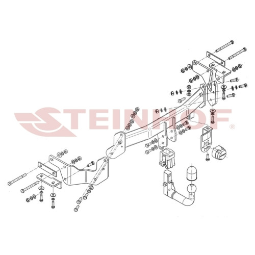 K-036 STEINHOF Фаркоп на Hyundai Santa Fe III (DM) 09/2012-2018, Kia Sorento II 11/2012-2020. Требуется подрезка бампера. Тип шара: AV (вертикальное быстросъемное крепление шара на ключе). Нагрузки: 2500/100 кг, масса фаркопа 21,7 кг (без электрики в комп