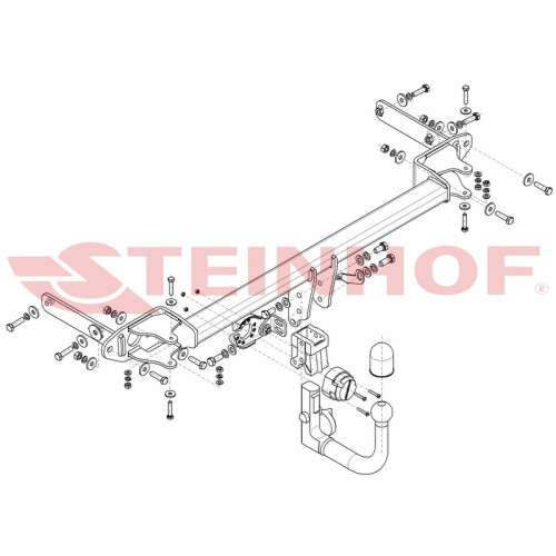 K-076 STEINHOF Фаркоп на Kia Stonic 2017-. Требуется подрезка бампера. Тип шара: AV (вертикальное быстросъемное крепление шара на ключе). Нагрузки: 1200/80 кг, масса фаркопа 18,4 кг (без электрики в комплекте)