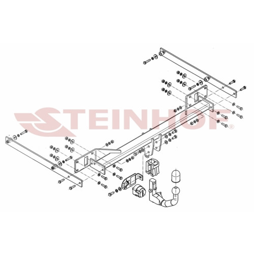 M-118 STEINHOF Фаркоп на Mercedes E-Class седан w212, кроме AMG 2009-2016 без подрезки бампера. Тип шара: AV (вертикальное быстросъемное крепление шара на ключе). Нагрузки: 2200/90 кг, масса фаркопа 23,5 кг (без электрики в комплекте)