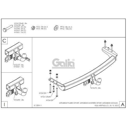 M057C GALIA Полностью оцинкованный фаркоп на Mitsubishi Pajero Sport 1998-2008, Mitsubishi Shogun 1998-2010, Mitsubishi Montero Sport 1998-2010. Тип шара: C (горизонтальный съемный). Установка без снятия и выреза бампера. Нагрузки: 3000/120 кг, масса фарк