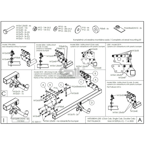M120C GALIA Полностью оцинкованный фаркоп на Mitsubishi L200 1996-2006, 2006-2015, 2015-2023, FIAT Fullback 2016-2019. Тип шара: C (горизонтальный съемный). Без выреза бампера. Нагрузки: 3100/125 кг, масса фаркопа 29,35 кг