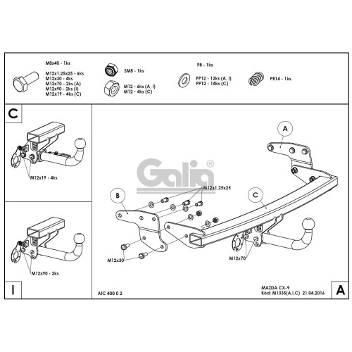 M133A GALIA Полностью оцинкованный фаркоп на Mazda CX-9 2007-2012, 2012-2017. Подрозетник убирается за бампер. Тип шара: A. Установка без снятия и выреза бампера. Нагрузки: 1600/100 кг, масса фаркопа 15,72 кг