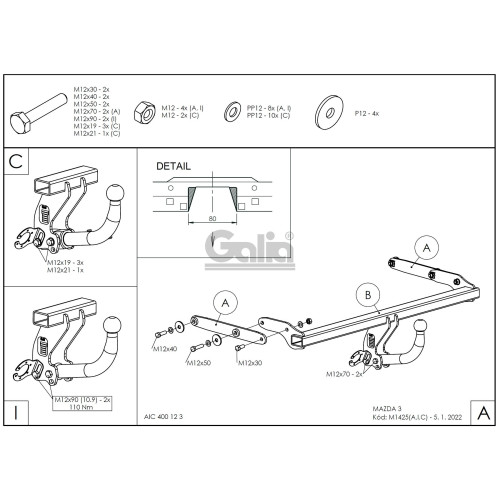 M142A GALIA Полностью оцинкованный фаркоп на Mazda 3 хетчбек 2019-. Тип шара: A. Невидимый вырез бампера. Нагрузки: 1600/80 кг, масса фаркопа 15 кг