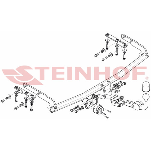 N-017 STEINHOF Фаркоп на Nissan Almera Tino 2000-2006. Требуется подрезка бампера. Тип шара: AH (горизонтальное быстросъемное крепление шара на ключе). Нагрузки: 1600/75 кг, масса фаркопа 16,7 кг (без электрики в комплекте)