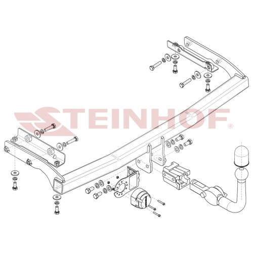 N-066 STEINHOF Фаркоп на Nissan Note E11 2006-2014. Требуется подрезка бампера. Тип шара: AH (горизонтальное быстросъемное крепление шара на ключе). Нагрузки: 1200/50 кг, масса фаркопа 15 кг (без электрики в комплекте)