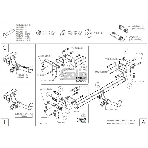 N055C GALIA Полностью оцинкованный фаркоп на Nissan X-Trail T32 2014-2022, Renault Koleos 2016-2020. Тип шара: C (горизонтальный съемный). Без выреза бампера. Нагрузки: 2000/100 кг, масса фаркопа 22,07 кг