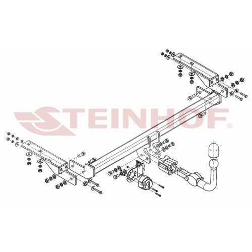 P-038 STEINHOF Фаркоп на Peugeot 308 хетчбек 3/5 дверей 05/2011-09/2013 без подрезки бампера. Тип шара: AH (горизонтальное быстросъемное крепление шара на ключе). Нагрузки: 1700/80 кг, масса фаркопа 17,6 кг (без электрики в комплекте)