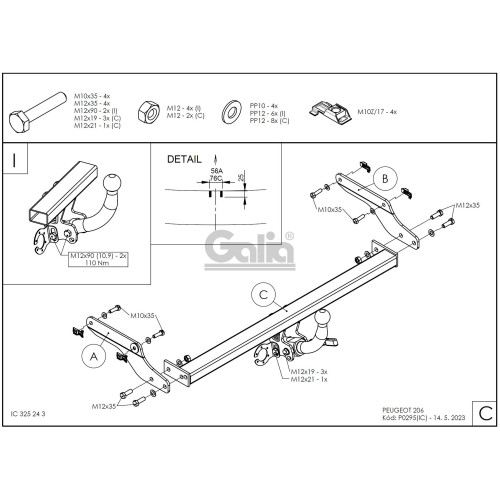 P029A GALIA Полностью оцинкованный фаркоп на Peugeot 206 хетчбек 2003-2010. Подрозетник убирается за бампер. Тип шара: A. Невидимый вырез бампера. Нагрузки: 1100/50 кг, масса фаркопа 12,72 кг