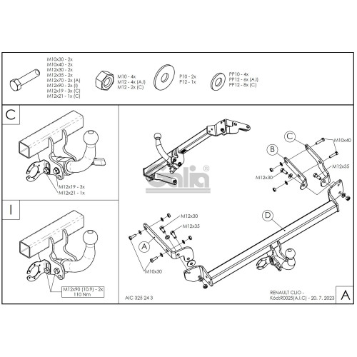 R002C GALIA Полностью оцинкованный фаркоп на Renault Clio 1998-2005. Особенности: Номерной знак на задней двери, вкл. Storia 2005-. Тип шара: C (горизонтальный съемный). Установка без снятия и выреза бампера. Нагрузки: 1200/75 кг, масса фаркопа 15,1 кг