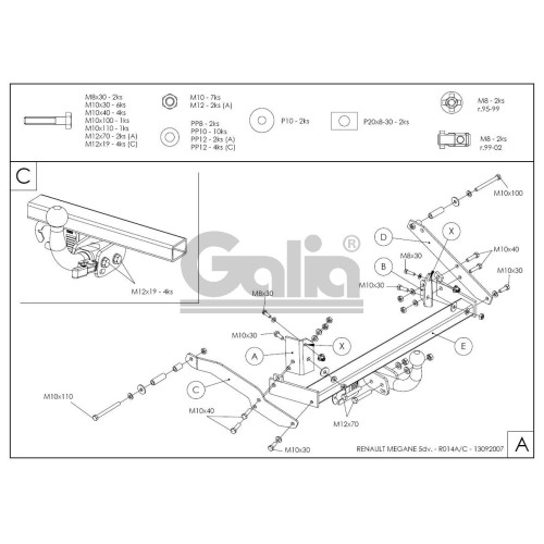 R014A GALIA Полностью оцинкованный фаркоп на Renault Megane I хетчбек 1996-2003, номерной знак на задней двери. Тип шара: A. Установка без снятия и выреза бампера. Нагрузки: 1350/75 кг, масса фаркопа 14,25 кг