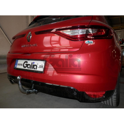 R097A GALIA Полностью оцинкованный фаркоп на Renault Megane хетчбек 5 дверей 2016-. Подрозетник убирается за бампер. Тип шара: A. Невидимый вырез бампера. Нагрузки: 2000/80 кг, масса фаркопа 17,37 кг