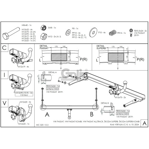 V081C GALIA Полностью оцинкованный фаркоп на Volkswagen Passat B8 седан/универсал 08/2014-2023, в т.ч. Alltrack B8 2015-2023, Skoda Superb 3 седан/универсал 03/2015-2024. Подрозетник убирается за бампер. Тип шара: C (горизонтальный съемный). Невидимый выр